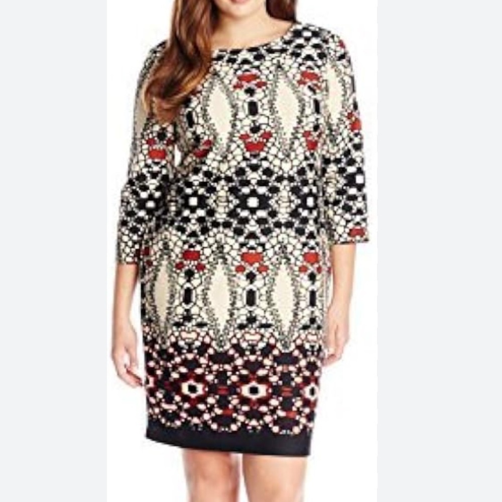 Women’s Julian Taylor 3/4 sleeves printed sheath dress brick/black/beige Size 8
